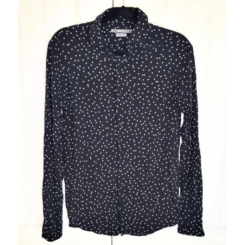 Zara Black Polkadot Long Sleeve Button Down Reg Fit Collar Top Women's Size S